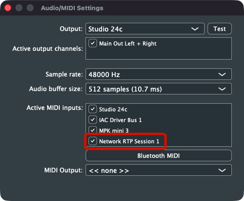 Example of a network MIDI session checkbox highlighted in Audio/MIDI Settings