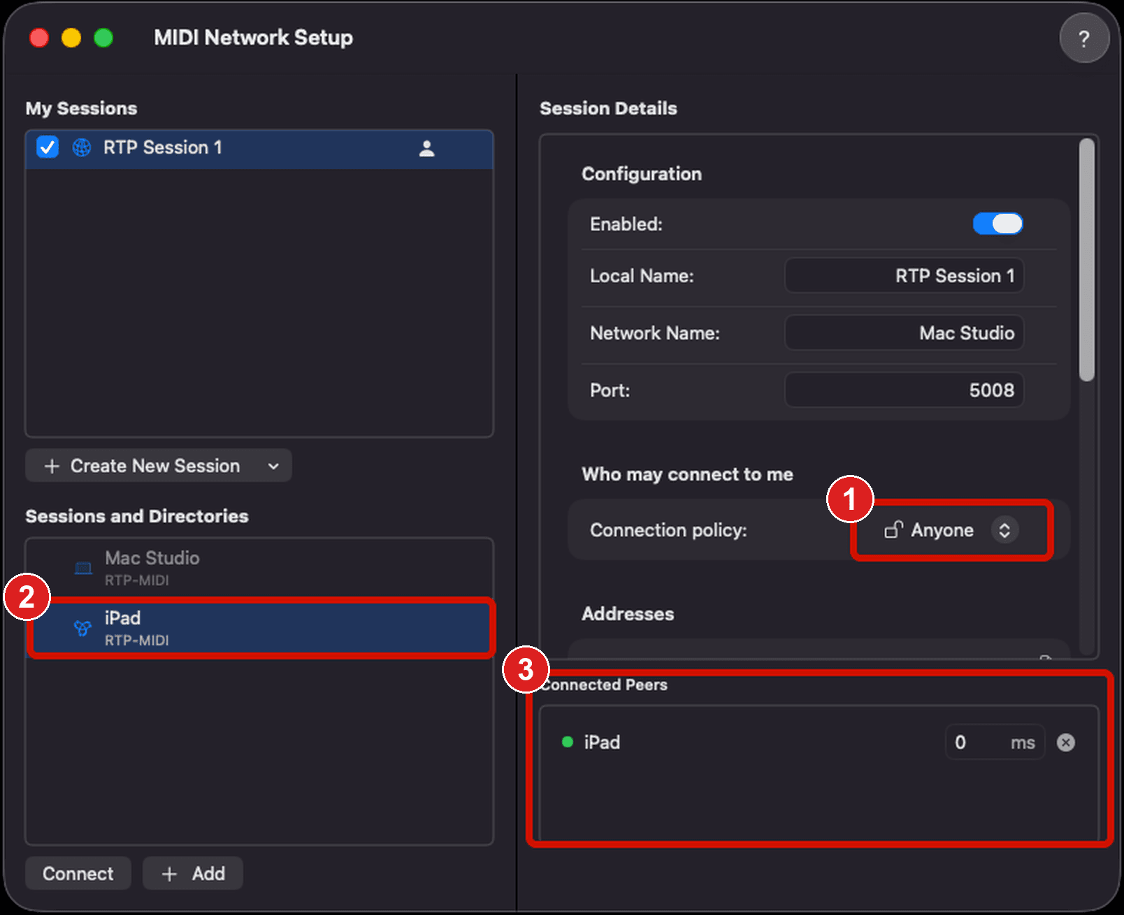 MIDI Network Setup with the connection policy, the device list and the connected peer marked 1 to 3