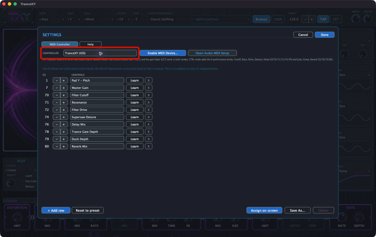Controller preset set to TranceXY (iOS)