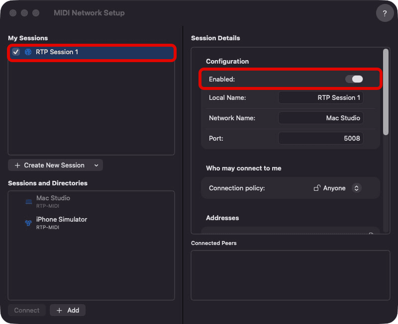 RTP Session 1 and Enabled highlighted in MIDI Network Setup